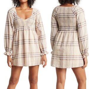 Coco + Jaimeson Beige Plaid Mini Dress Smocked Size S